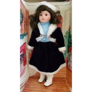Christmas Collection Doll New in Open Box Porcelain Girl Green Dress Brown Hair